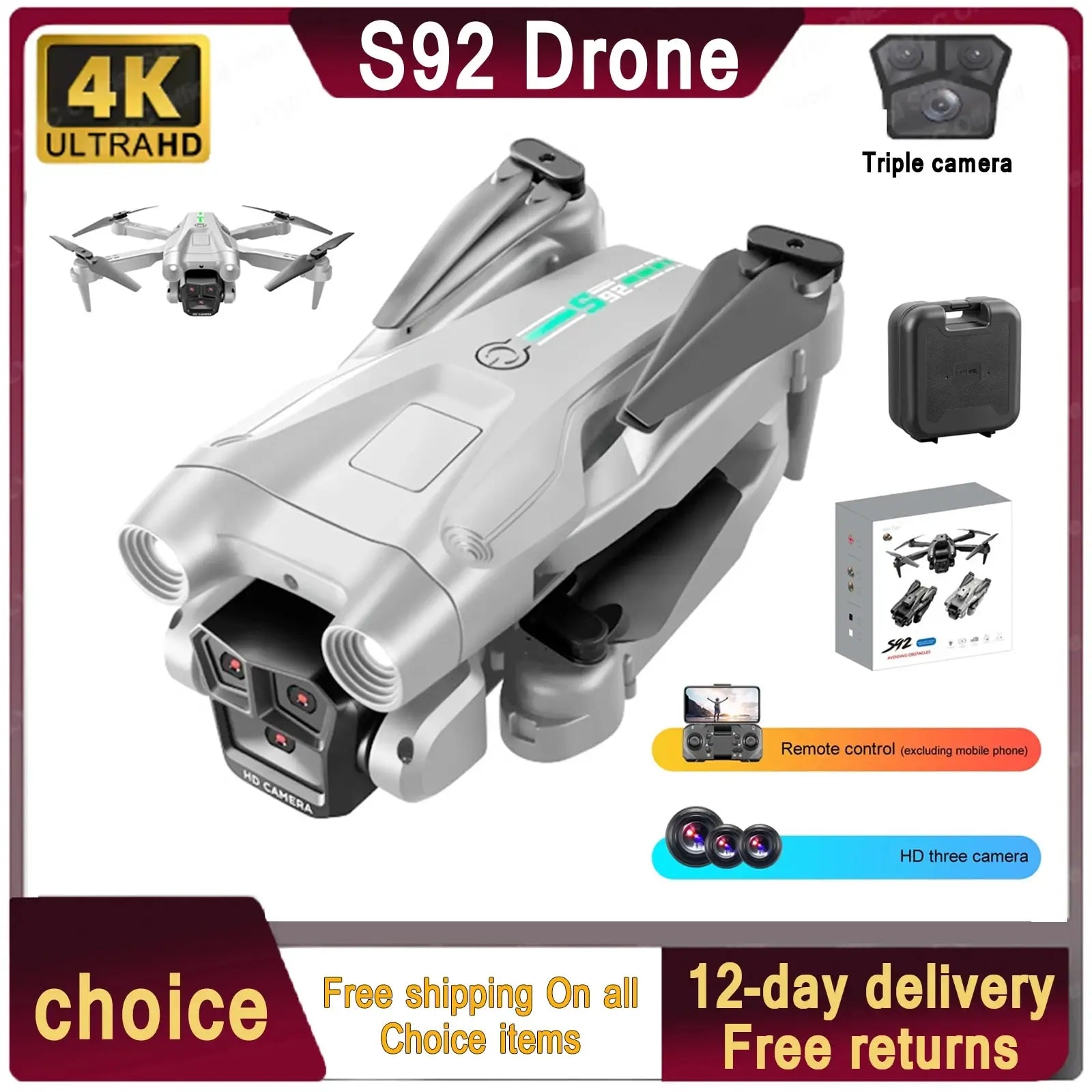 Foldable S92 HD 4K Drone: WiFi Camera & Four-wheel Vehicle